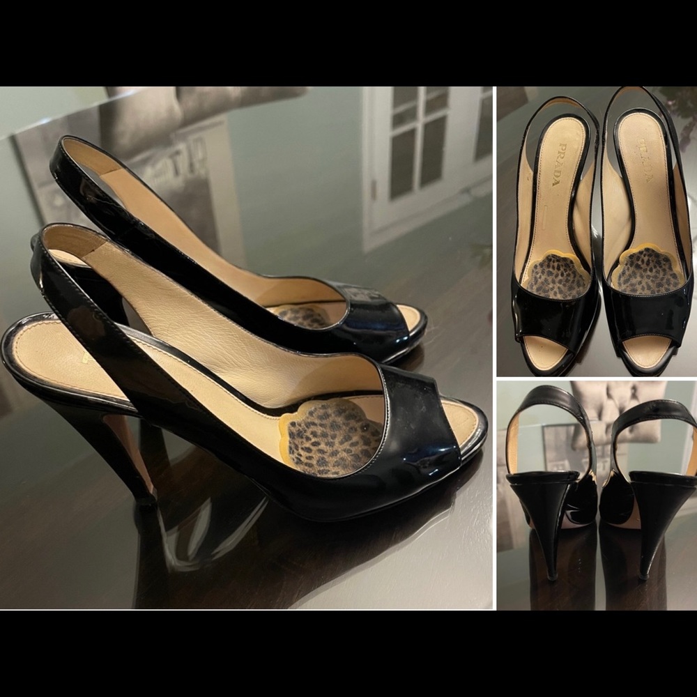 Authentic Prada Black Patent Leather Peep Toe Slingback Heels w/ Dust Bag